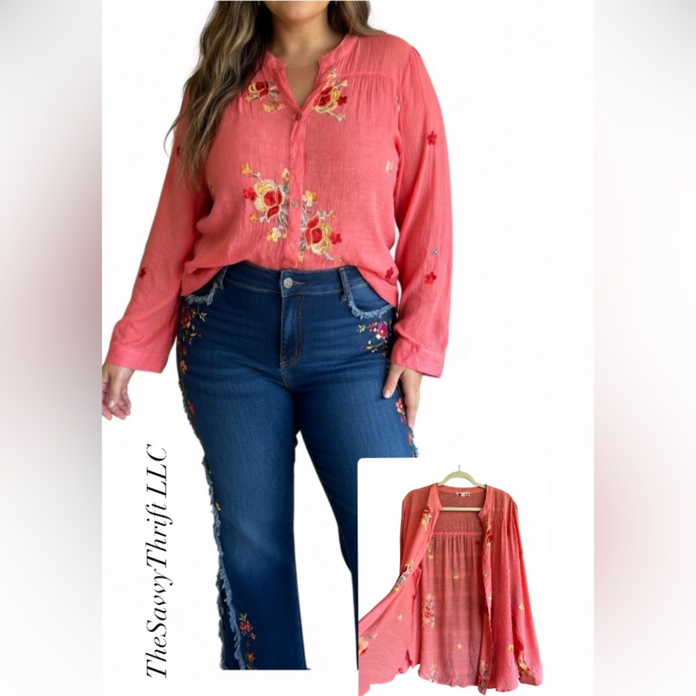 Hope Springs XXL Pink Embroidered Floral Button Down Delicate Blouse